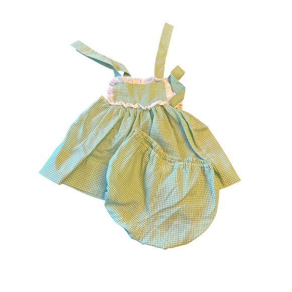 Bett Trell Johnston Baby Dress Set 9-12 Mo Green Gingham & Embroidered Daisies - Picture 5 of 5